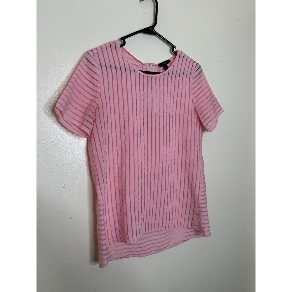 J. Crew Size 2 Pink Shadow Semi-Sheer Striped Short Sleeve Blouse Zip Back Top - Picture 2 of 6